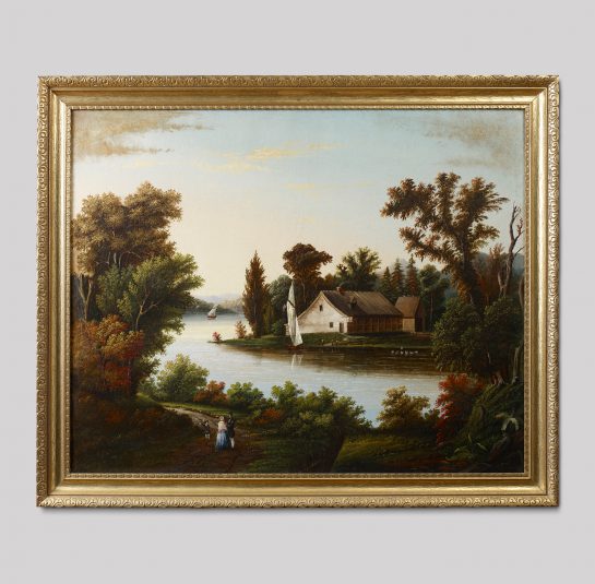 Pair of Landscape Paintings Depicting a View of a Lake with Sailboats, Figures a